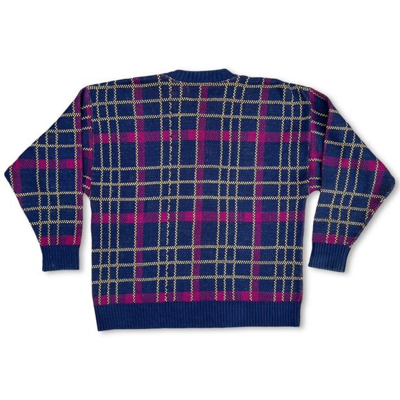 Vintage 90s Grandpa Sweater Grid Pattern Cotton J.G. Brown | Size XL - Picture 2 of 5